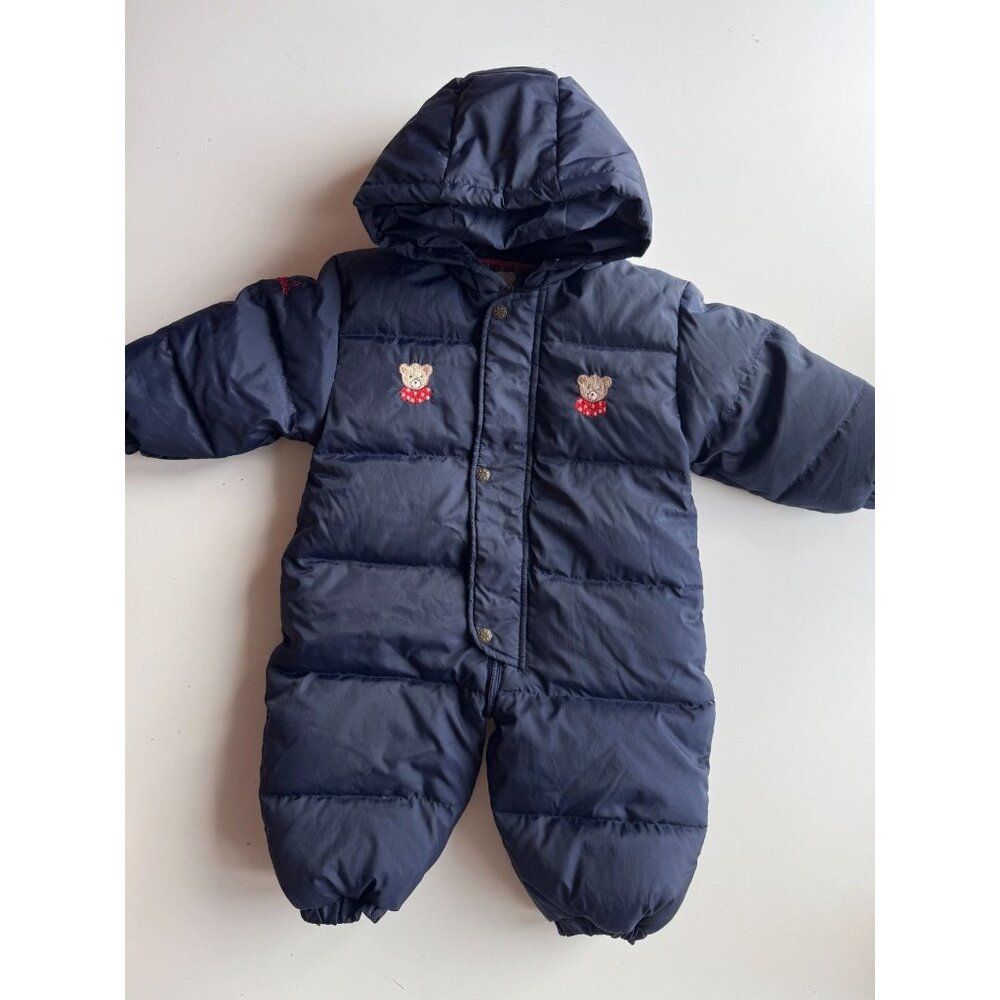 Baby JACADI Navy Funny Bear Embroidered Nylon Down Filled Snowsuit, Size 18M